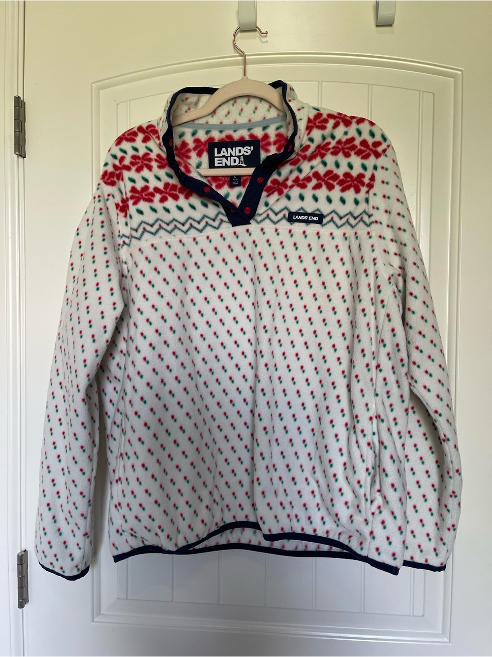 Lands' End White Fleece Pullover with Red & Green Holiday Print